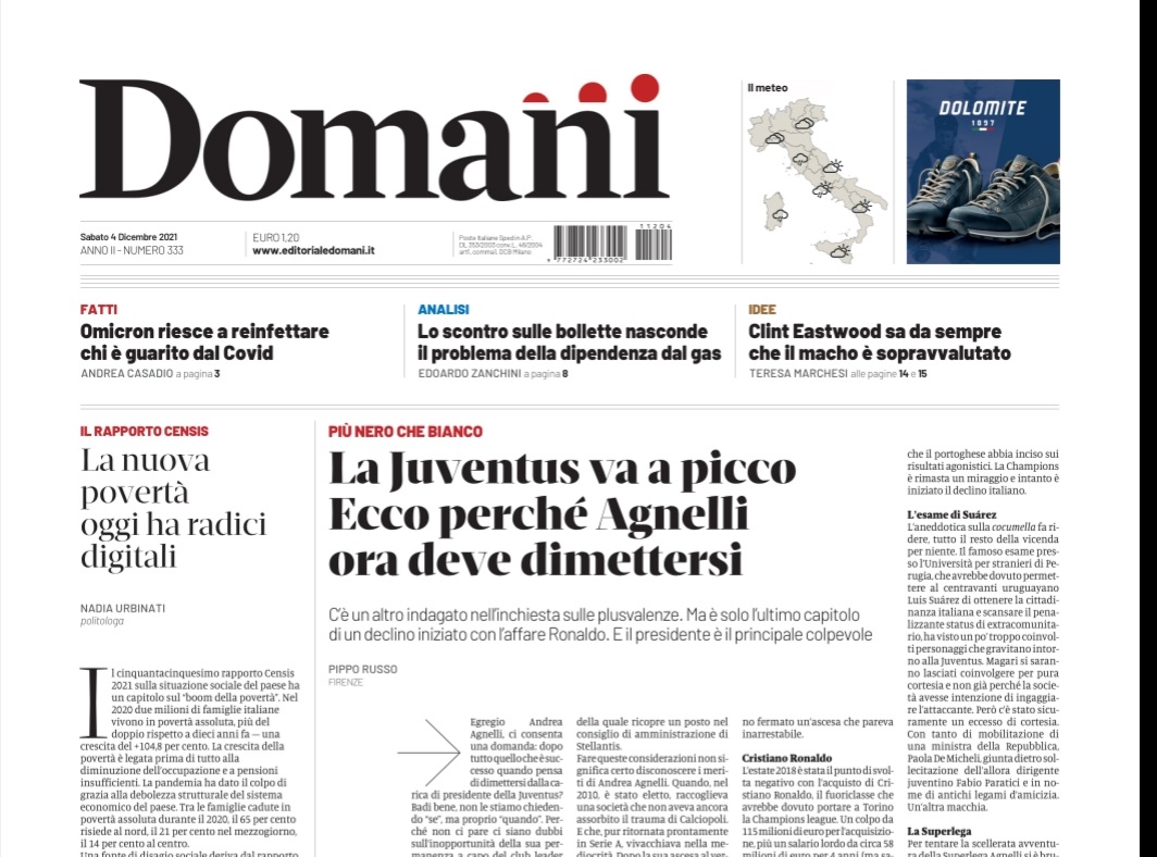 Il Domani in prima pagina chiede dimissioni Agnelli |  Sport e Vai