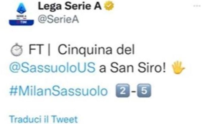 Manita su Twitter dopo Milan-Sassuolo: bufera per lo sfottò della Lega Serie A |  Sport e Vai