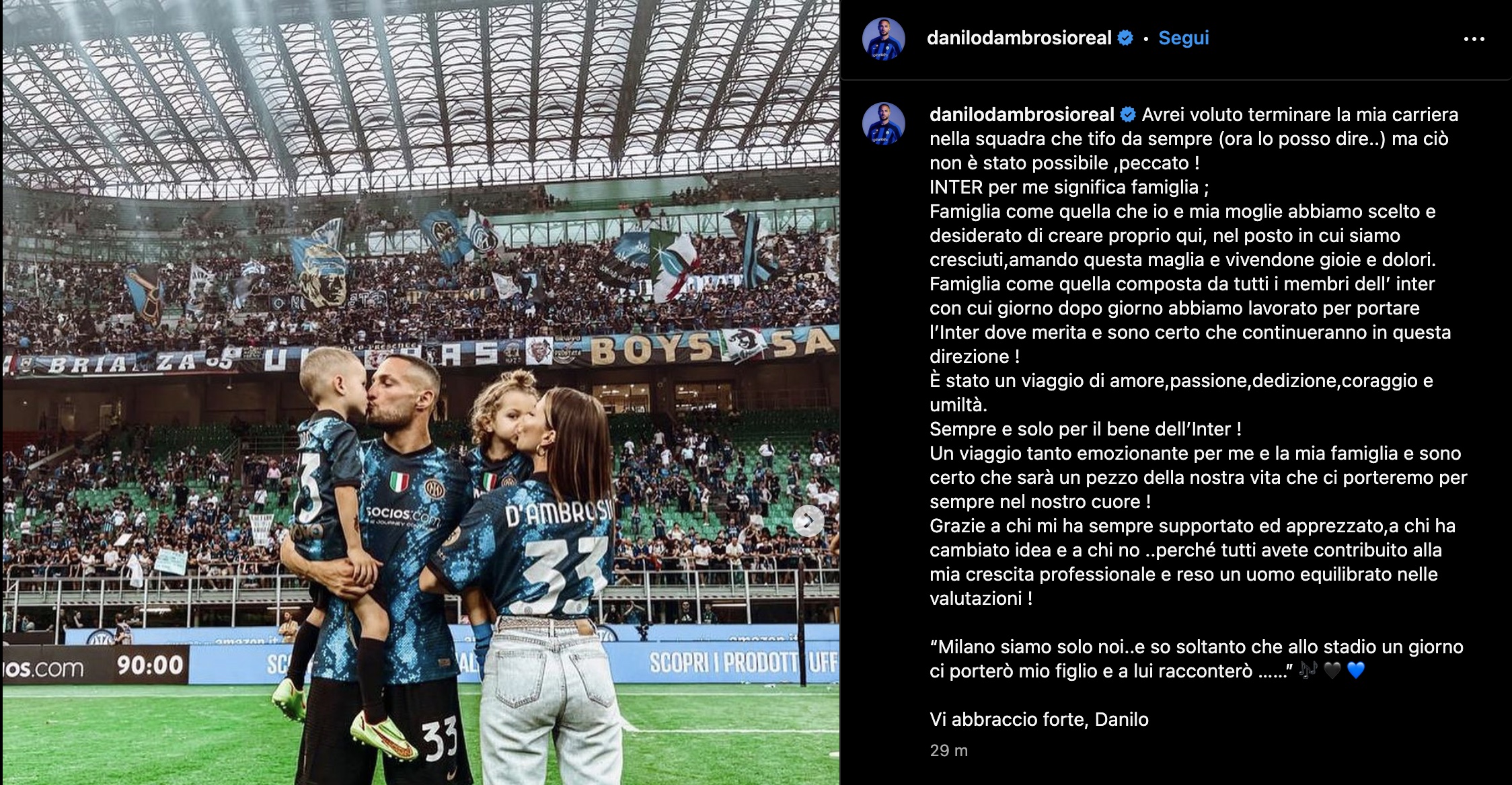 Inter, la commovente lettera d’addio di D’Ambrosio ai tifosi |  Sport e Vai